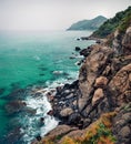 Awesome spring view of west cost of Corfu island from Pelekas beach. Dramatic morning seascape of Ionian Sea. Beautiful