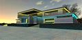 Awesome starry predawn sky above contemporary upscale villa with illuminated exterior. View of the opening garage. 3d rendering