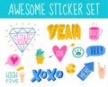 Awesome sticker collection in trendy hand drawn style. Vector eps10.