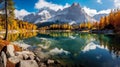 Awesome sunny autumn day at mountain lake surrounded reflections in the water , Generate AI