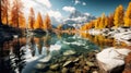 Awesome sunny autumn day at mountain lake surrounded reflections in the water , Generate AI