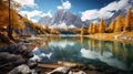 Awesome sunny autumn day at mountain lake surrounded reflections in the water , Generate AI