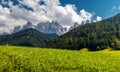 Awesome sunny Landscape. Dolomite Alps. Napure Background. Santa Maddalena village in front of the Geisler or Odle Dolomites Group