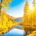 Awesome sunny landscape in the forest. Wonderful Autumn scenery Generative AI