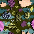 Awesome unique autumn fall foliage vector pattern with memphis geometric trendy colorful abstract. Maple leaves on hipster multico