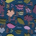 Awesome unique autumn fall foliage vector pattern with memphis geometric trendy colorful abstract. Maple leaves on hipster multico Royalty Free Stock Photo