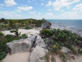 Amesome vantage point at seaside landscape at TULUM city in Mexico near archaeological site with tourists