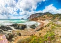 Awesome  view of beach Portu Cauli in Masua with Pan di Zucchero at background Royalty Free Stock Photo
