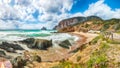 Awesome  view of beach Portu Cauli in Masua with Pan di Zucchero at background Royalty Free Stock Photo