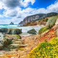 Awesome  view of beach Portu Cauli in Masua with Pan di Zucchero at background Royalty Free Stock Photo