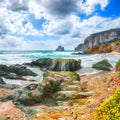 Awesome  view of beach Portu Cauli in Masua with Pan di Zucchero at background Royalty Free Stock Photo