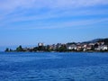 Awesome view of Lake Geneva landscape and swiss promenade in european city of Montreux at alpine riviera in SWITZERLAND Royalty Free Stock Photo