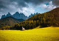 Awesome view San Giovanni Church in St. Magdalena village. Location Trentino-Alto Adige, Italy, Europe