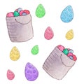 Awesome watercolor drawn Easter pattern with backets of holiday eggs and colorful eggs isolated on the white background