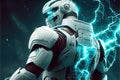 Awesome white cosmonaut robot, moving, cosmos background. ai generative