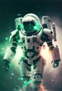 Awesome white cosmonaut robot, moving, cosmos background. ai generative