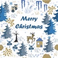 Awesome winter Merry Christmas card with house in forest. Stylish brown and blue holiday background. Winter composition Royalty Free Stock Photo