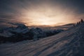 Awesome winter sunset panorama of dolomite hut and Mount Civetta background Royalty Free Stock Photo