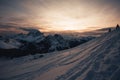 Awesome winter sunset panorama of dolomite hut and Mount Civetta background Royalty Free Stock Photo