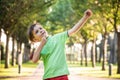 Awesome young happy boy portrait. The cute little kid is in the park posing wearing casual clothes Royalty Free Stock Photo