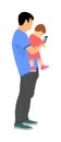 Awkward clumsy father with baby in hand watching in phone vector illustration.