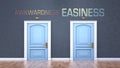 Awkwardness and easiness as a choice - pictured as words Awkwardness, easiness on doors to show that Awkwardness and easiness are Royalty Free Stock Photo