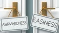 Awkwardness and easiness as a choice - pictured as words Awkwardness, easiness on doors to show that Awkwardness and easiness are Royalty Free Stock Photo