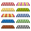 Awnings set isolated on white background. Striped colorful sunshade for shops