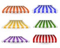 Awnings striped. Outdoor canopy colorful for shop, restaurants and market. Store window and roof decoration different