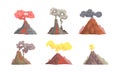 Awoken volcanoes set. Volcanoes erupting with magma, smoke and ash vector illustration