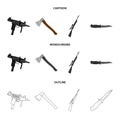 Ax, automatic, sniper rifle, combat knife. Weapons set collection icons in cartoon,outline,monochrome style vector