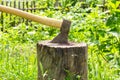 An ax driven into a stump. A place to harvest firewood.