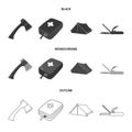 Ax, first-aid kit, tourist tent, folding knife. Camping set collection icons in black,monochrome,outline style vector Royalty Free Stock Photo