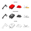 Ax, first-aid kit, tourist tent, folding knife. Camping set collection icons in cartoon,outline,monochrome style vector Royalty Free Stock Photo