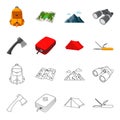 Ax, first-aid kit, tourist tent, folding knife. Camping set collection icons in cartoon,outline style vector symbol Royalty Free Stock Photo