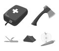 Ax, first-aid kit, tourist tent, folding knife. Camping set collection icons in monochrome style vector symbol stock Royalty Free Stock Photo