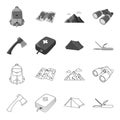 Ax, first-aid kit, tourist tent, folding knife. Camping set collection icons in outline,monochrome style vector symbol Royalty Free Stock Photo