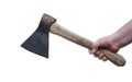 The ax in his hand. a man`s hand holds an axe. isolated Royalty Free Stock Photo