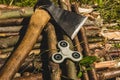 Ax and spinner on wood Royalty Free Stock Photo