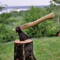 The ax is sticking out from a log. The ax head close up view Royalty Free Stock Photo