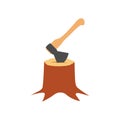 Ax and tree stump on a white background. Woodworking or logging concept. Flat style.