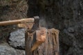 Axe in action cutting wood Royalty Free Stock Photo