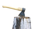 Axe and birch log on white Royalty Free Stock Photo