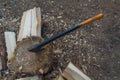 Axe for chopping wood embedded in a tree stump. Royalty Free Stock Photo