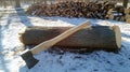 Winter Logging Axe and Snowy Forest Good Resolution Stock Photo Royalty Free Stock Photo