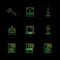 Axe , safety jacket , pump , cake , word document , laptop , mp4 file , pole ,excel file , 9 eps icons set vector