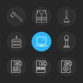 Axe , safety jacket , pump , cake , word document , laptop , mp4 file , pole ,excel file , 9 eps icons set vector