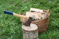 An axe stuck in a log in front of basket with logs fire Royalty Free Stock Photo