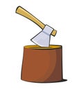 The axe is stuck in the stump. Color flat illustration