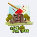 Axe in stump with blood. save the tree concept - illustra